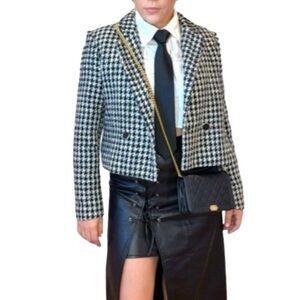 Maison d’Amelie Black White Cropped Houndstooth Blazer Fully Lined Sz US 8